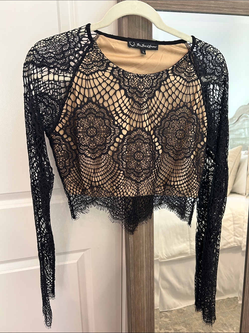 For Love & Lemons Black Crochet Lace Long-Sleeve Top with Nude Lining